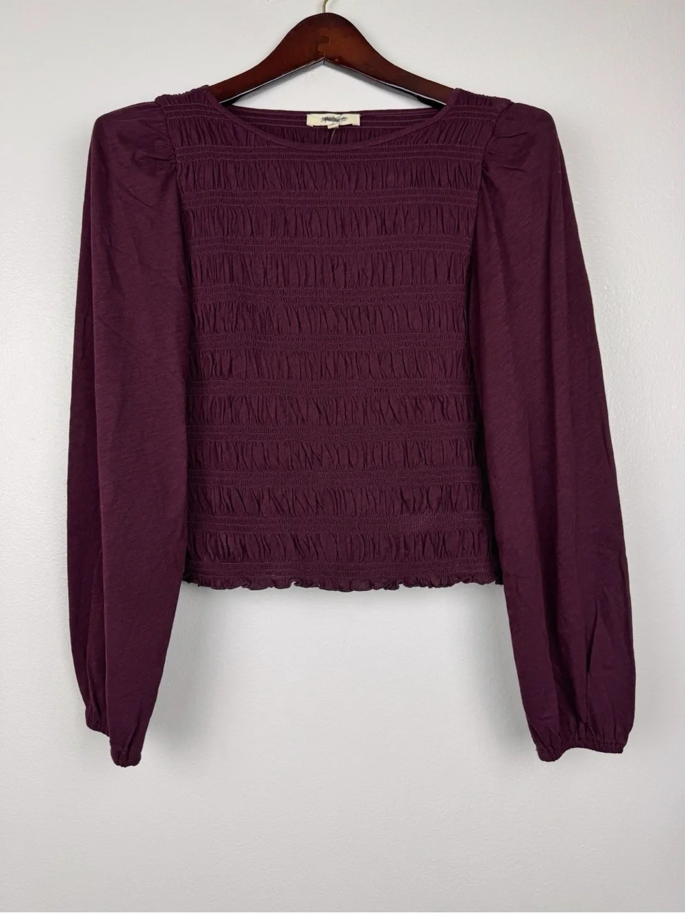 Madewell Smocked Cotton Boatneck Puff Sleeves Slim Fit Top Burgundy Size XS NWT